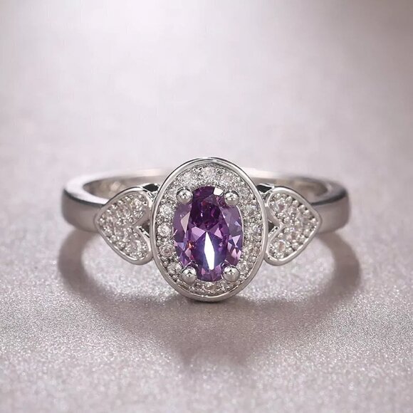 🔥 925 Silver Plated Purple Oval Cut CZ Birthstone Ring, FB16FA1135 - Picture 5 of 9